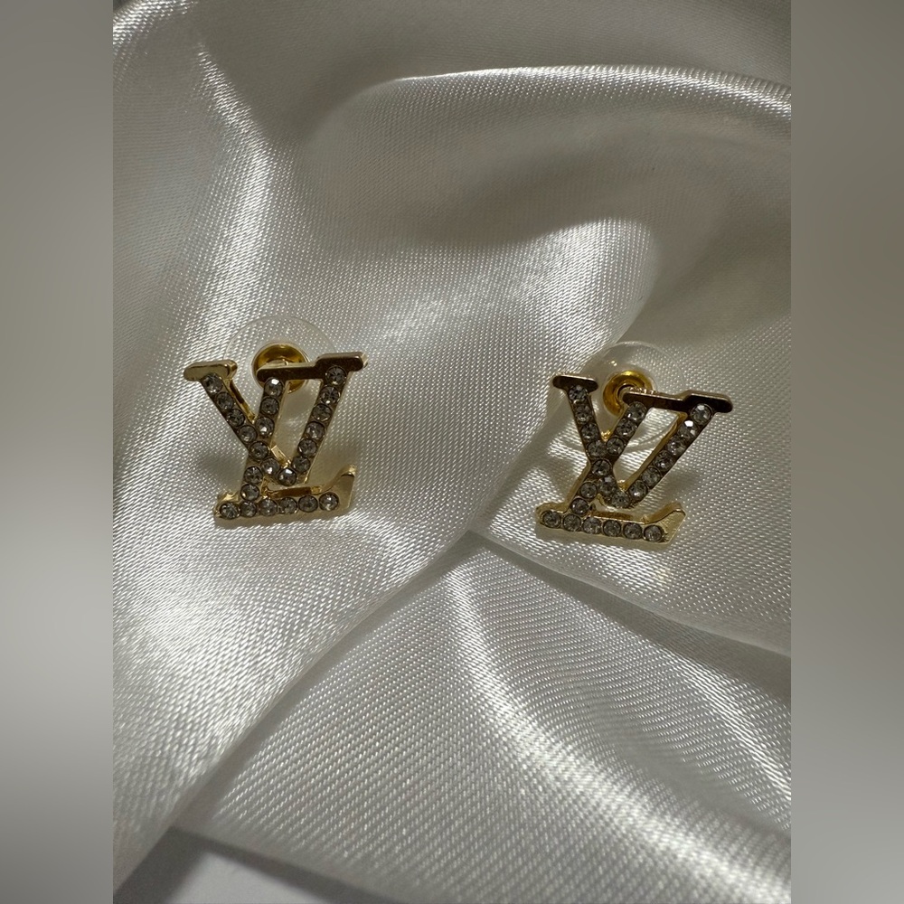 Monogram Crystal Stud Earrings in Goldtone LV Fashion Jewelry